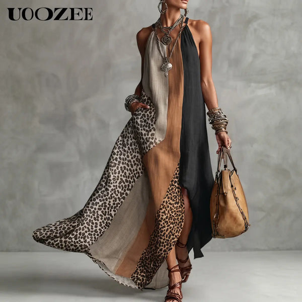 UOOZEE Women'S Silky Leopard Print Maxi Dress - Flowy Boho Halter Gown with Asymmetric Color Block Split, Pockets for Vintage Festival Wear, Earrings, Hoop, Light, Ribbon, Oversized, Polyester, Minimalist, Straps