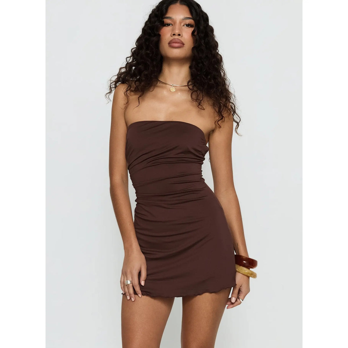 Mykah Strapless Ruched Mini Dress Brown