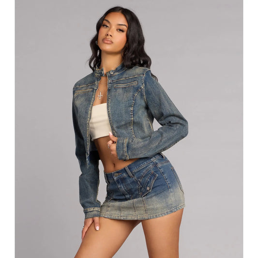 Fast Lane Cool Moto Denim Crop Jacket