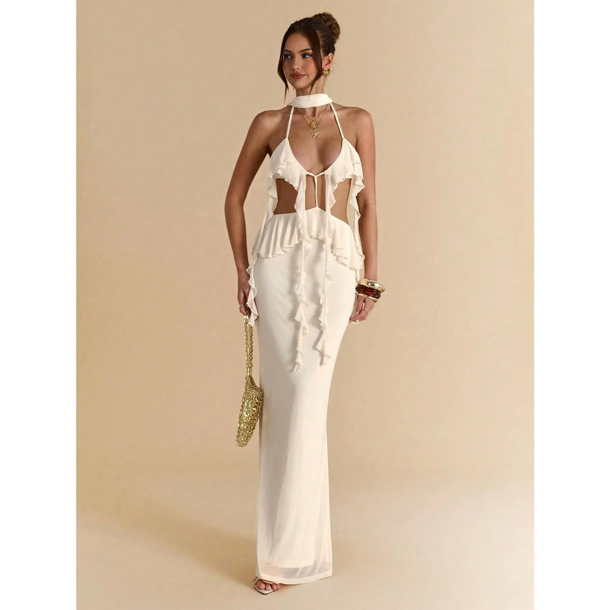 Women'S Ruffle Hem Long Backless Strap Elegant Maxi Dress, Suitable for Beach Vacation, Bohemian Style Backless Maxi Dress,Music Concert Dress, Spring/Summer
