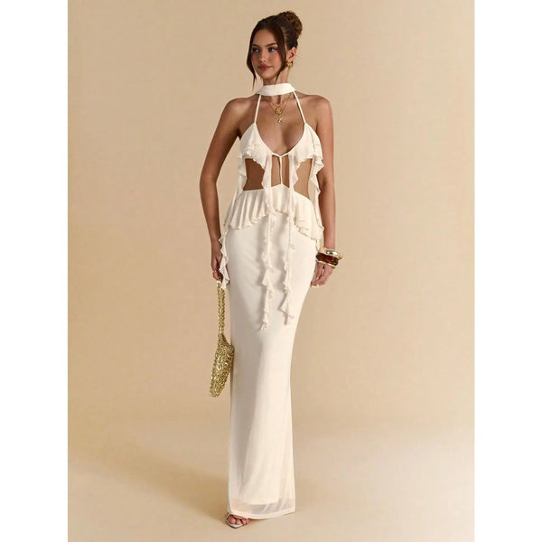 Women'S Ruffle Hem Long Backless Strap Elegant Maxi Dress, Suitable for Beach Vacation, Bohemian Style Backless Maxi Dress,Music Concert Dress, Spring/Summer