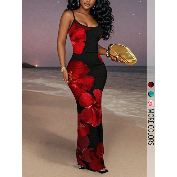 Women’S Floral Print Bodycon Maxi Dress, Sleeveless Spaghetti Strap Scoop Neck Long Dress, Elegant Vacation Party Outfit Womenswear Formal