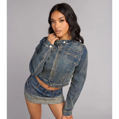 Fast Lane Cool Moto Denim Crop Jacket