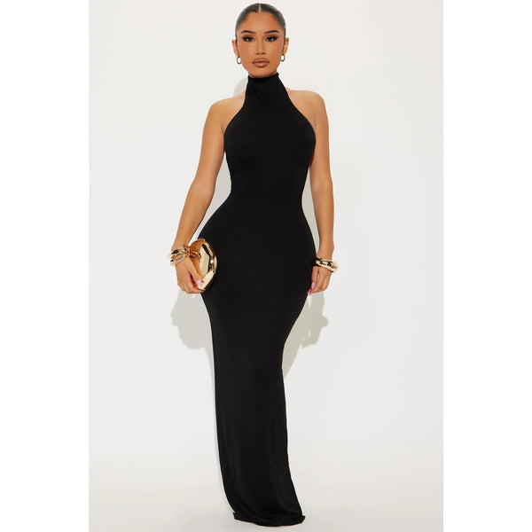 Smooth Double Lined Halter Maxi Dress - Black